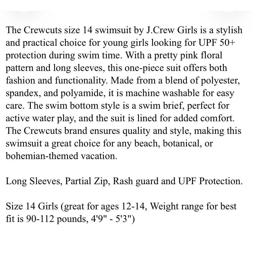 Crewcuts sz. 14 by J.Crew Girls Swimsuit Swim UPF 50+ Long Sleeves Pink Floral